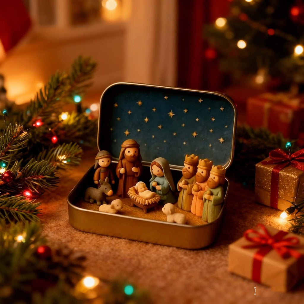 Mini Nativity Scene in Gold Tin Pocket Christmas Decoration Set