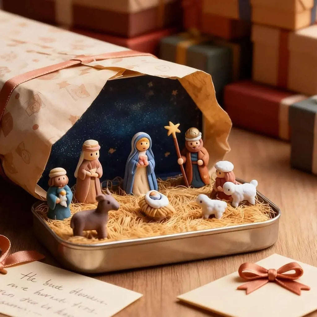 Mini Nativity Scene in Gold Tin Pocket Christmas Decoration Set