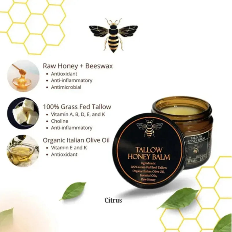 Organic Grass-Fed Beef Tallow Balm with Raw Honey - Moisturizing Cream for Soft, Smooth Skin - Handmade All-Natural Moisturizer