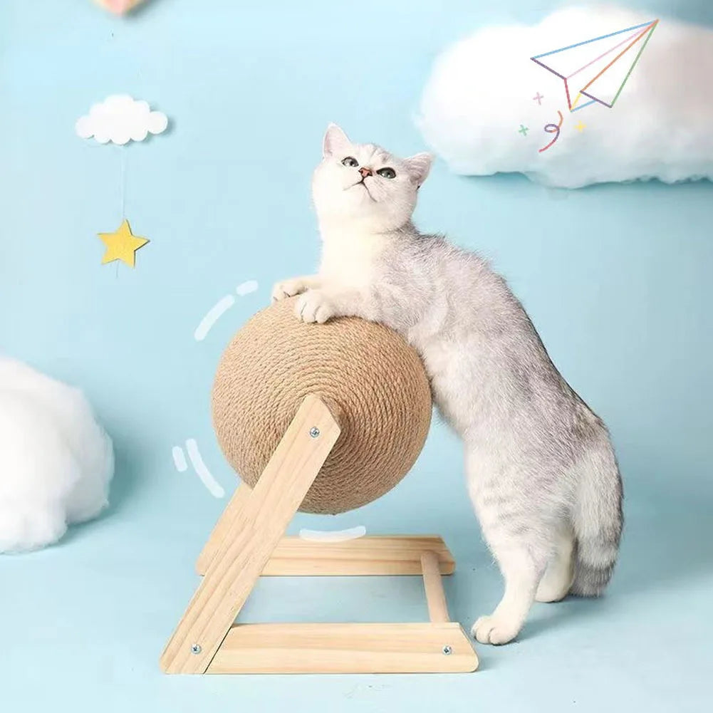Cat Scratching Ball Toy with 360° Spinning Ball & Sturdy Wood Base