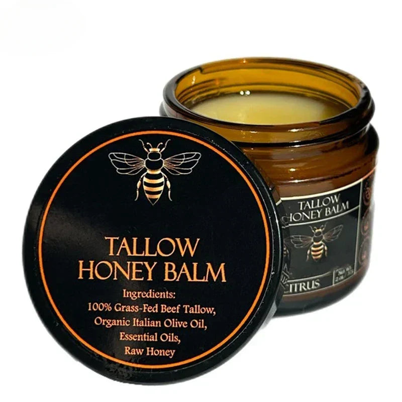Organic Grass-Fed Beef Tallow Balm with Raw Honey - Moisturizing Cream for Soft, Smooth Skin - Handmade All-Natural Moisturizer