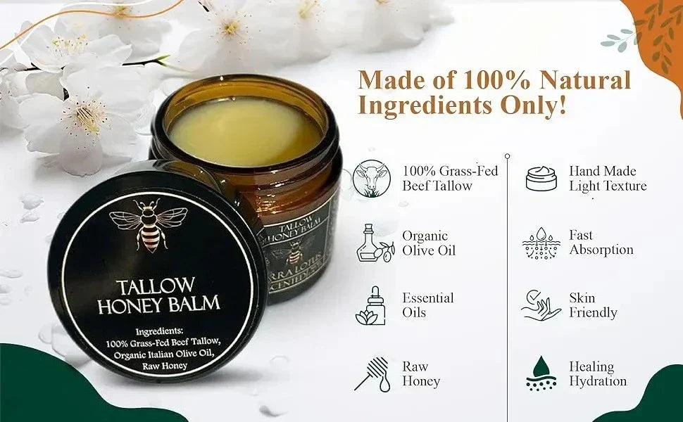 Organic Grass-Fed Beef Tallow Balm with Raw Honey - Moisturizing Cream for Soft, Smooth Skin - Handmade All-Natural Moisturizer