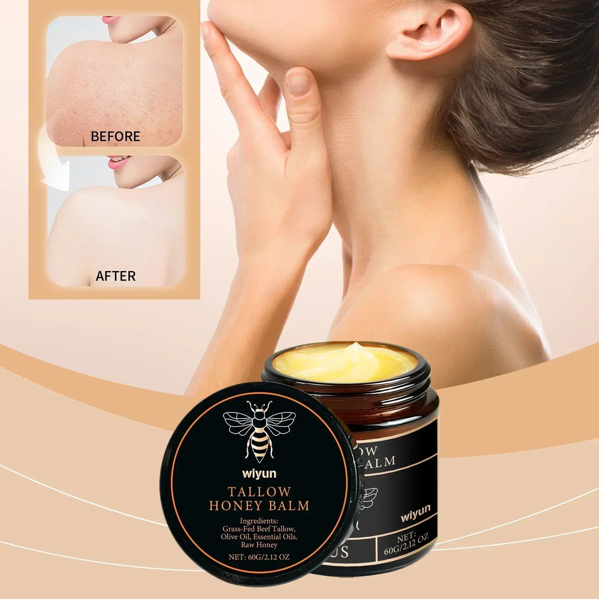 Organic Grass-Fed Beef Tallow Balm with Raw Honey - Moisturizing Cream for Soft, Smooth Skin - Handmade All-Natural Moisturizer